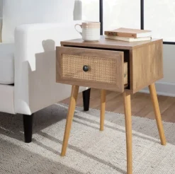 Accent & End Tables-Kirkland's Home Natural Wood And Rat Drawer Accent Table Tan