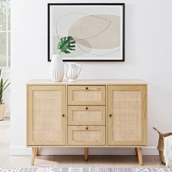 Cabinets & Sideboards-Kirkland's Home Natural Wood And Rat 3-Drawer Sideboard Tan