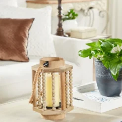 Lanterns-Kirkland's Home Natural Wood Beaded & Rope Handle Lantern Tan