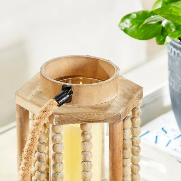 Lanterns-Kirkland's Home Natural Wood Beaded & Rope Handle Lantern Tan