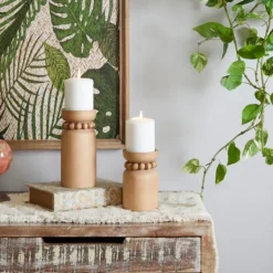 Candle Holders-Kirkland's Home Natural Wood Beaded Candle Holders, Set Of 2 Tan