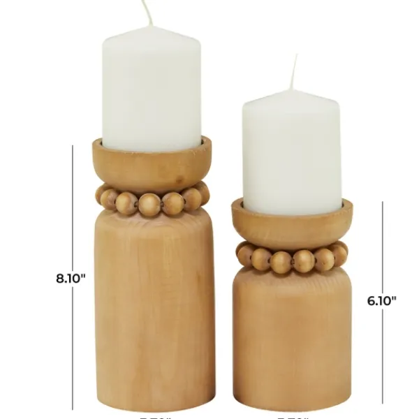 Candle Holders-Kirkland's Home Natural Wood Beaded Candle Holders, Set Of 2 Tan