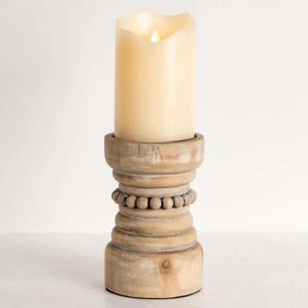 Candle Holders-Kirkland's Home Natural Wood Beaded Pillar Candle Holder, 8 In. Brown