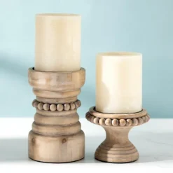 Candle Holders-Kirkland's Home Natural Wood Beaded Pillar Candle Holder, 4 In. Brown