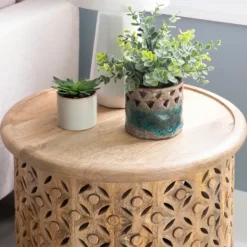 Accent & End Tables-Kirkland's Home Natural Wood Carved Diamonds Accent Table Tan