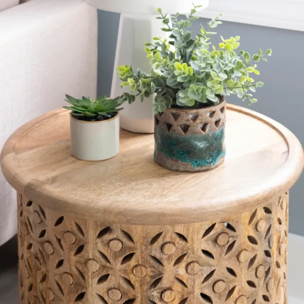 Accent & End Tables-Kirkland's Home Natural Wood Carved Diamonds Accent Table Tan