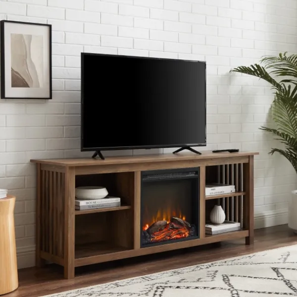 Tv Stands & Media Consoles-Kirkland's Home Natural Wood Led Fireplace Media Cabinet Brown