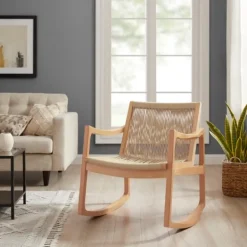 Accent Chairs-Kirkland's Home Natural Wood Modern Woven Rocking Chair Tan
