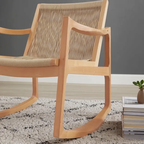 Accent Chairs-Kirkland's Home Natural Wood Modern Woven Rocking Chair Tan