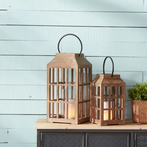 Lanterns-Kirkland's Home Natural Wood Windowpane Lantern, 22 In. Tan