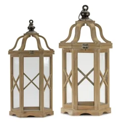 Lanterns-Kirkland's Home Natural Wood X-Frame Lanterns, Set Of 2 Tan