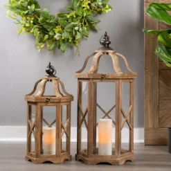 Lanterns-Kirkland's Home Natural Wood X-Frame Lanterns, Set Of 2 Tan