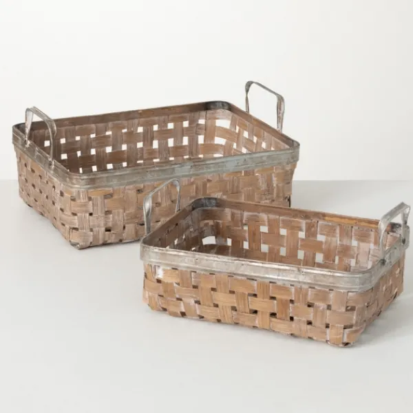 Baskets & Boxes-Kirkland's Home Natural Woven Reed And Metal Baskets, Set Of 2 Tan/Gray