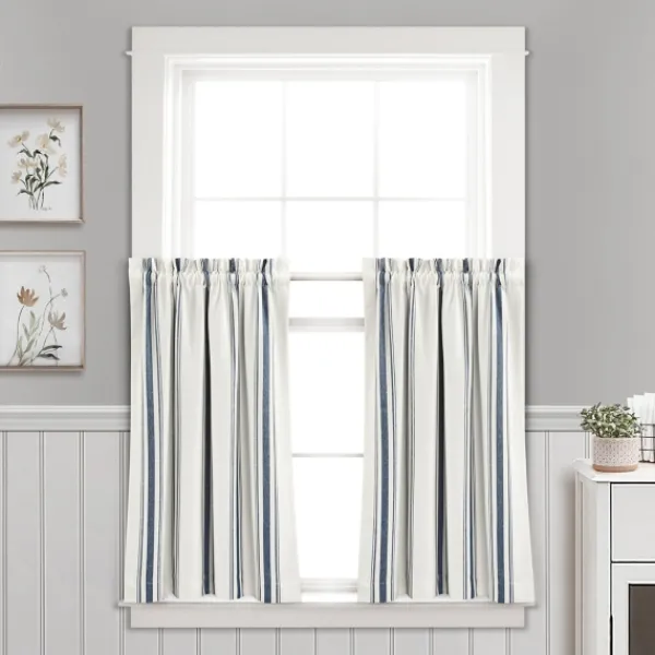 Curtains & Drapes-Kirkland's Home Navy & White Stripe Cafe Curtain Panel Set, 36 In. Blue