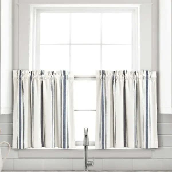 Curtains & Drapes-Kirkland's Home Navy & White Stripe Cafe Curtain Panel Set, 24 In. Blue