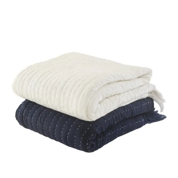 Blankets & Throws-Kirkland's Home Navy And Cream Stitch Fringe Throw Blue
