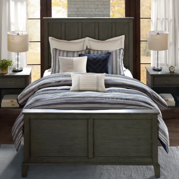Comforters-Kirkland's Home Navy And Ivory Stripe 9-Pc. King Comforter Set Blue/White