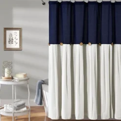 Shower Curtains-Kirkland's Home Navy And White Button Accent Linen Shower Curtain Blue