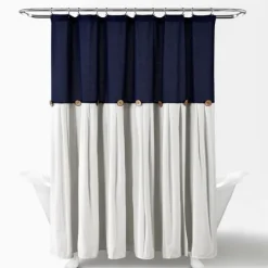 Shower Curtains-Kirkland's Home Navy And White Button Accent Linen Shower Curtain Blue