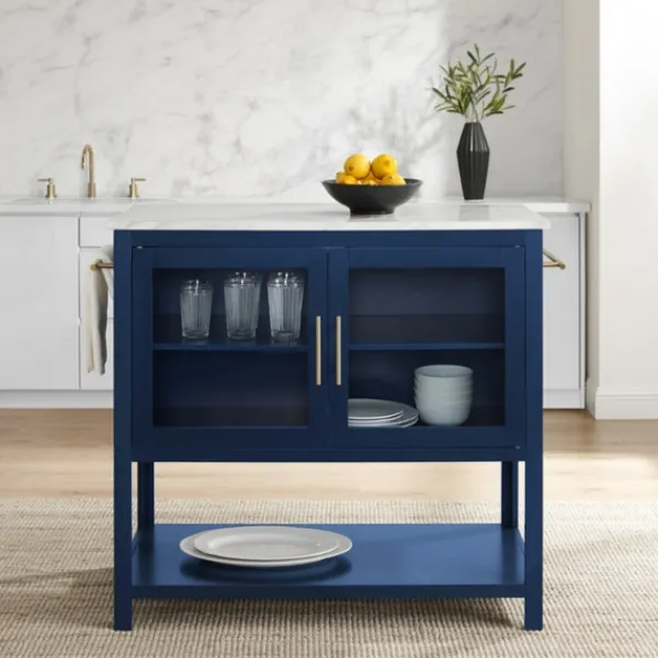Kitchen Islands & Bar Carts-Kirkland's Home Navy And White Marble Top Kitchen Island Blue