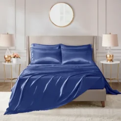 Bed Sheets-Kirkland's Home Navy Blue Satin 6-Pc. California King Sheet Set Gray