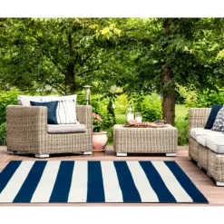 Outdoor Rugs-Kirkland's Home Navy Cabana Stripe Indoor/Outdoor Area Rug, 5X7 Blue/White