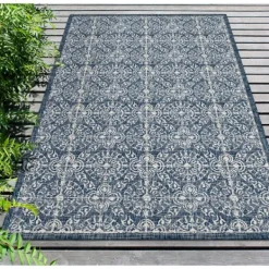 Outdoor Rugs-Kirkland's Home Navy Embellished Indoor/Outdoor Area Rug, 6X9 Blue/White