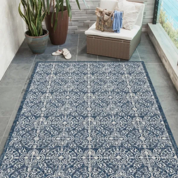 Outdoor Rugs-Kirkland's Home Navy Embellished Indoor/Outdoor Area Rug, 6X9 Blue/White
