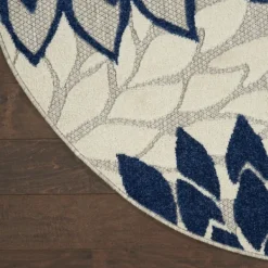 Outdoor Rugs-Kirkland's Home Navy Floral Burst Round Outdoor Area Rug, 7X7 Blue/White/Tan