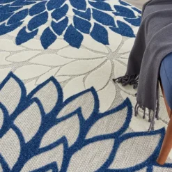 Outdoor Rugs-Kirkland's Home Navy Floral Burst Round Outdoor Area Rug, 7X7 Blue/White/Tan