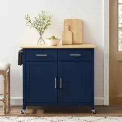 Kitchen Islands & Bar Carts-Kirkland's Home Navy Industrial Kitchen Cart Blue