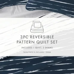 Quilts-Kirkland's Home Navy Linear Reversible 3-Pc. Queen Quilt Set Blue/White