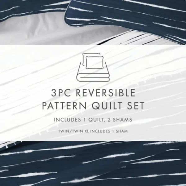 Quilts-Kirkland's Home Navy Linear Reversible 3-Pc. Queen Quilt Set Blue/White