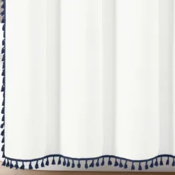 Shower Curtains-Kirkland's Home Navy Melora Tasseled Border Shower Curtain Blue/White