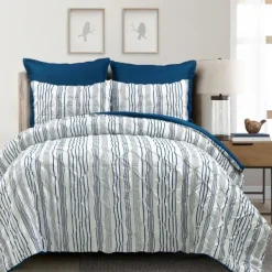 Comforters-Kirkland's Home Navy Pintuck Stripe Full/Queen 5-Pc. Comforter Set Blue/White