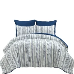 Comforters-Kirkland's Home Navy Pintuck Stripe Full/Queen 5-Pc. Comforter Set Blue/White