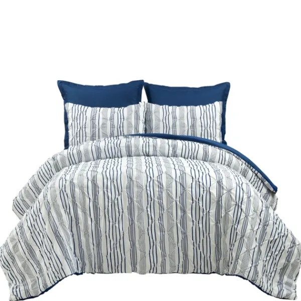 Comforters-Kirkland's Home Navy Pintuck Stripe Full/Queen 5-Pc. Comforter Set Blue/White