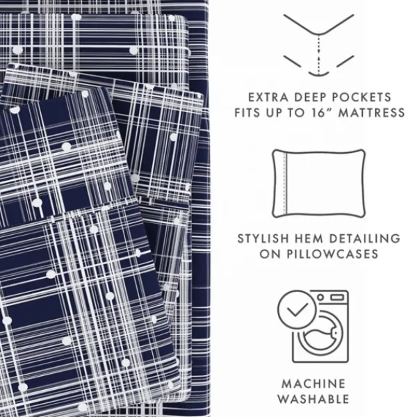 Bed Sheets-Kirkland's Home Navy Plaid Polka Dot 3-Pc. Twin Sheet Set Blue