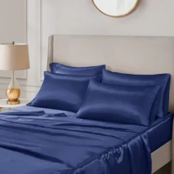 Bed Sheets-Kirkland's Home Navy Satin 6-Pc. King Sheet Set Blue