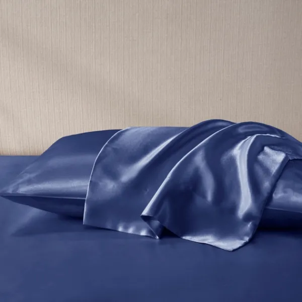 Bed Sheets-Kirkland's Home Navy Satin Standard 2-Pc. Pillow Case Set Blue