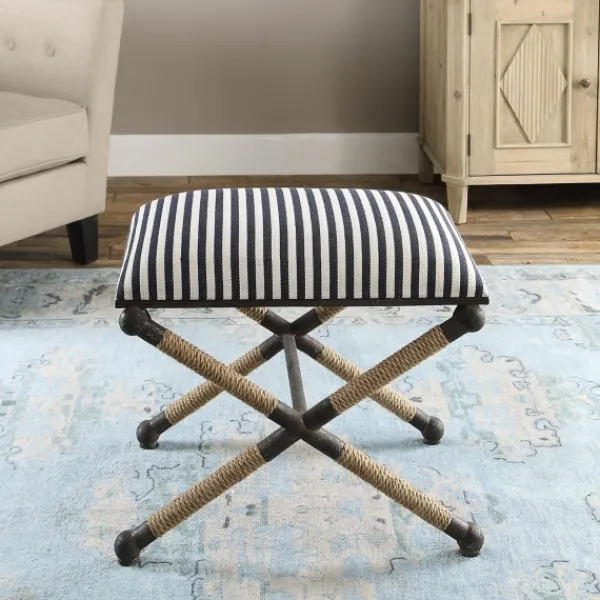Benches & Ottomans-Kirkland's Home Navy Striped Seat And Black Metal Ottoman Blue/Ivory