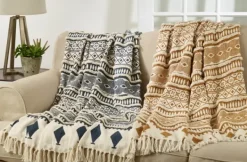Blankets & Throws-Kirkland's Home Navy Textured Geometric Fringed Throw Blue/White