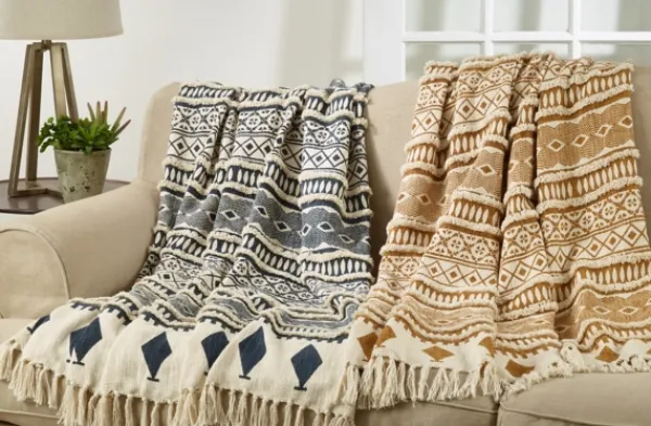 Blankets & Throws-Kirkland's Home Navy Textured Geometric Fringed Throw Blue/White