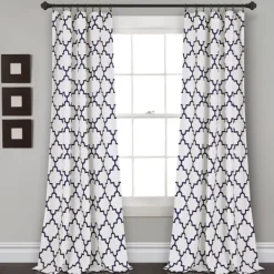 Curtains & Drapes-Kirkland's Home Navy Trellis Darkening Curtain Panel Set, 108 In. Blue/White