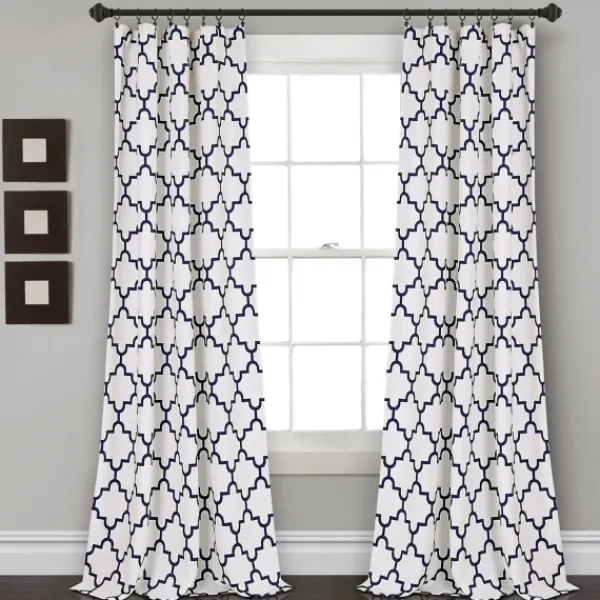 Curtains & Drapes-Kirkland's Home Navy Trellis Darkening Curtain Panel Set, 108 In. Blue/White
