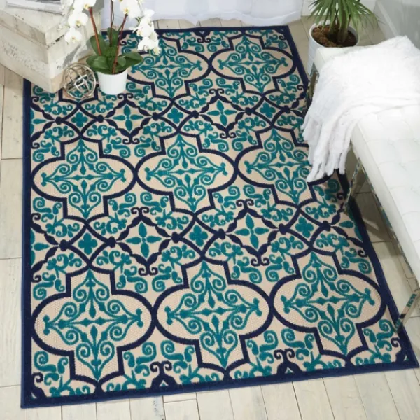 Outdoor Rugs-Kirkland's Home Navy Trellis Outdoor Area Rug, 7X10 Tan/Black/Blue