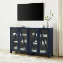Tv Stands & Media Consoles-Kirkland's Home Navy Triangle 4-Door Wood Media Cabinet Blue