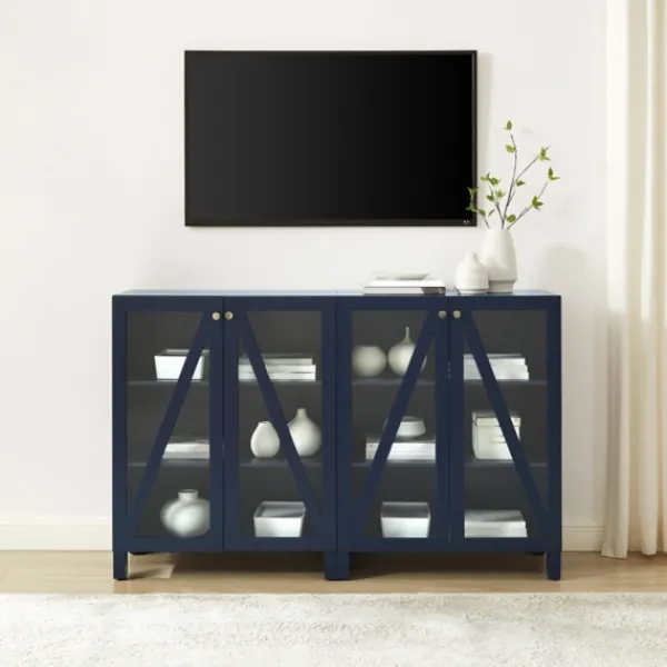 Tv Stands & Media Consoles-Kirkland's Home Navy Triangle 4-Door Wood Media Cabinet Blue