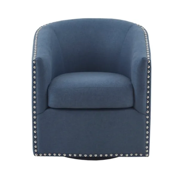 Accent Chairs-Kirkland's Home Navy Upholstered Nailhead Swivel Accent Chair Blue