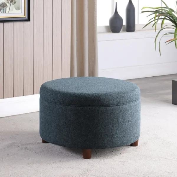 Benches & Ottomans-Kirkland's Home Navy Upholstered Round Storage Ottoman Blue